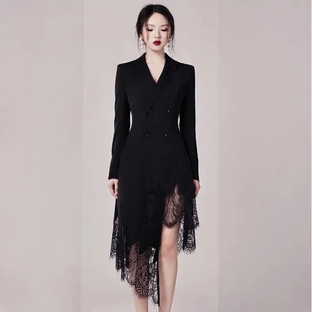 Bonnyshow New Black lace Solid V-neck Double Breasted Suit Coat Dress Jacket Women Office Lady Blazer Women Coats Coat Women Dress