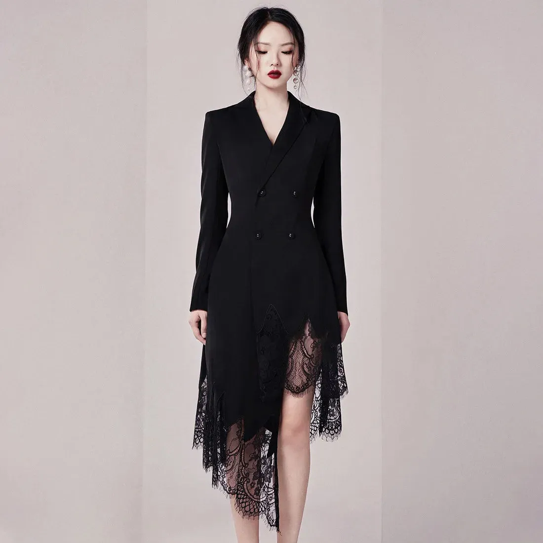 Bonnyshow New Black lace Solid V-neck Double Breasted Suit Coat Dress Jacket Women Office Lady Blazer Women Coats Coat Women Dress