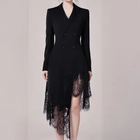 Bonnyshow New Black lace Solid V-neck Double Breasted Suit Coat Dress Jacket Women Office Lady Blazer Women Coats Coat Women Dress
