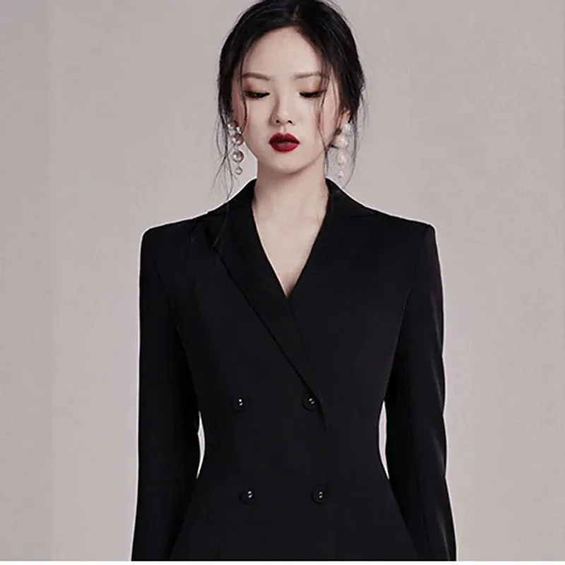 Bonnyshow New Black lace Solid V-neck Double Breasted Suit Coat Dress Jacket Women Office Lady Blazer Women Coats Coat Women Dress