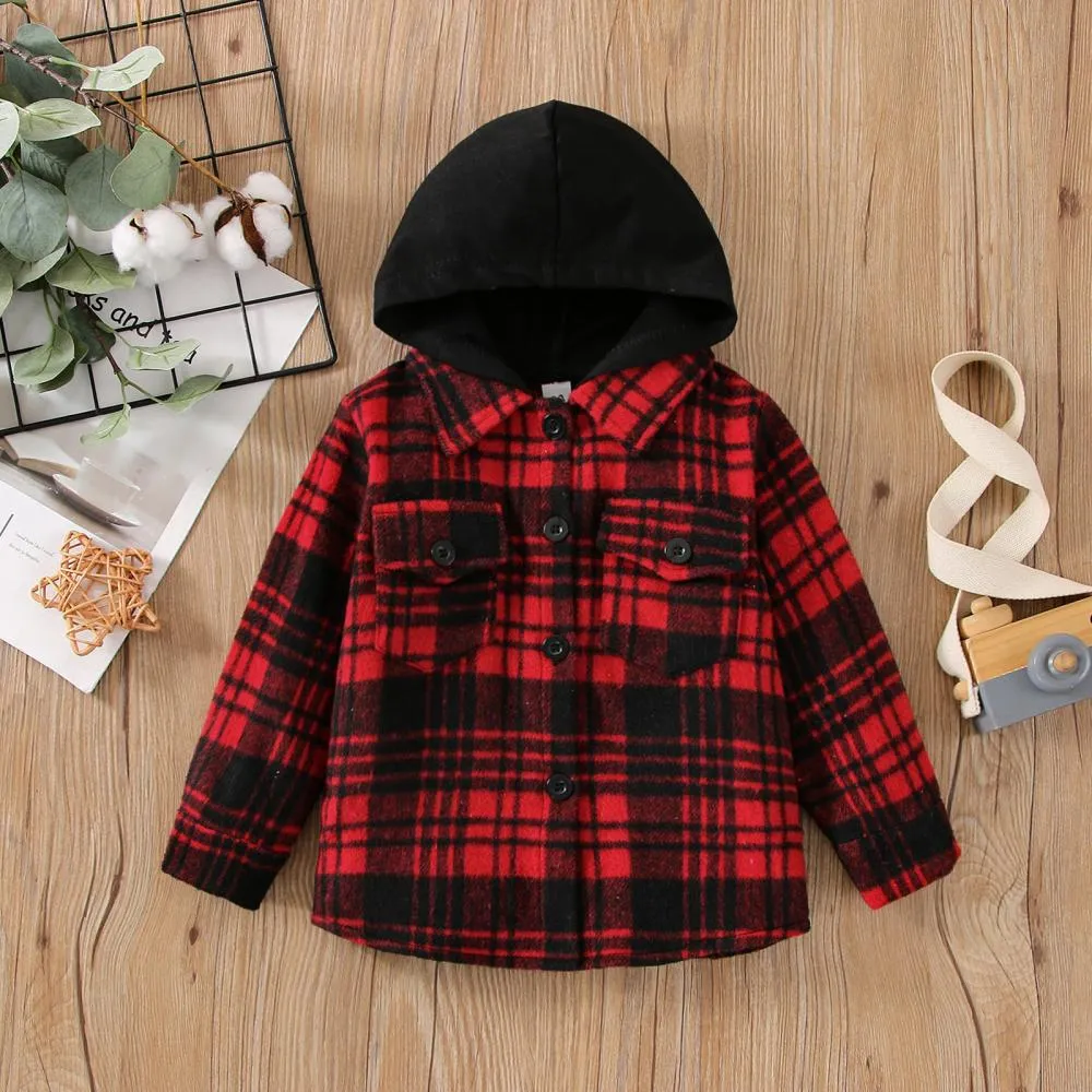 Children Autumn Plaid Hooded Jacket Wholesale Boys Clothes