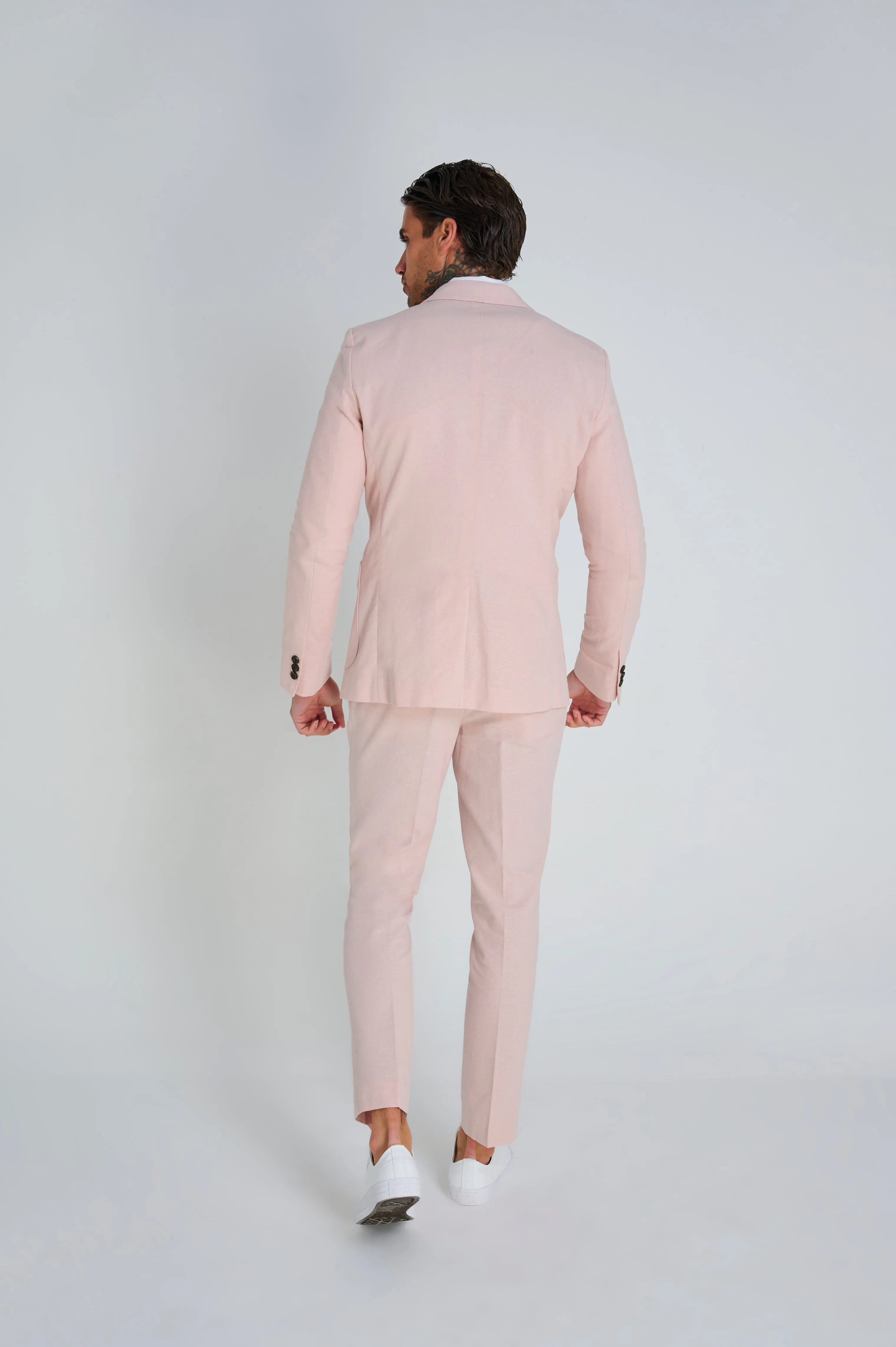 Chris Slim Fit Linen Cotton Blend Suit Smart Trousers in Pink