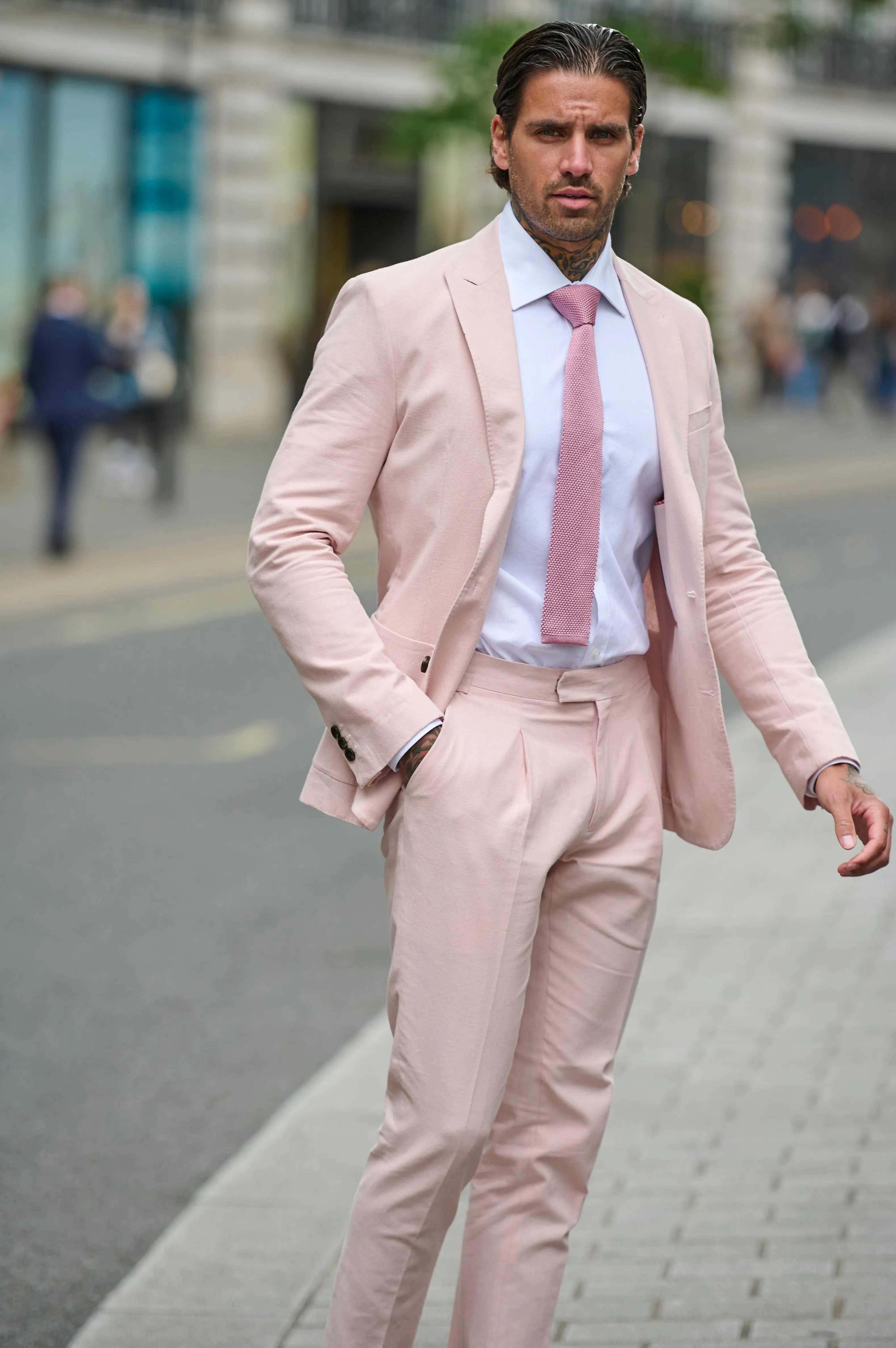 Chris Slim Fit Linen Cotton Blend Suit Smart Trousers in Pink