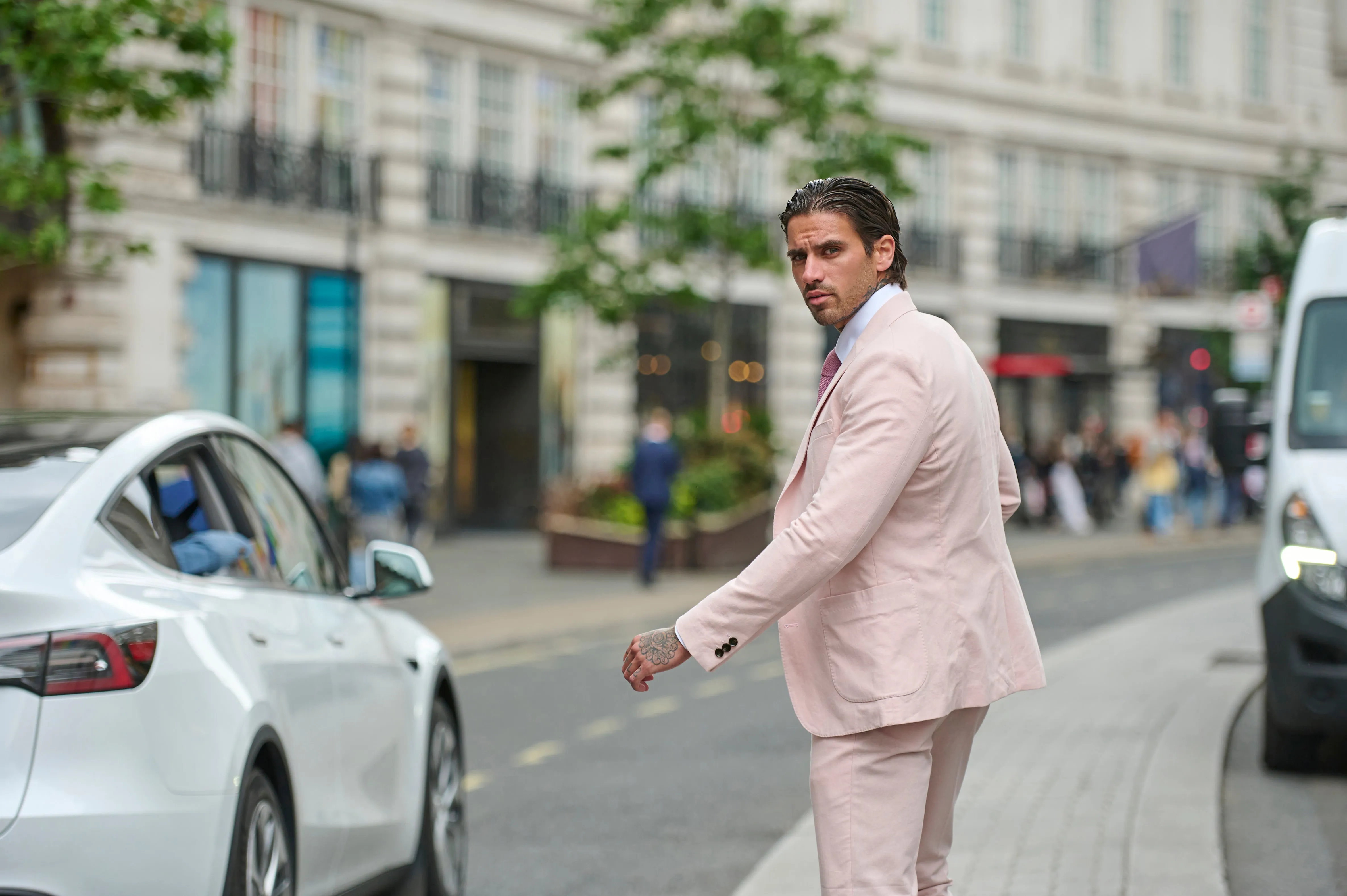 Chris Slim Fit Linen Cotton Blend Suit Smart Trousers in Pink