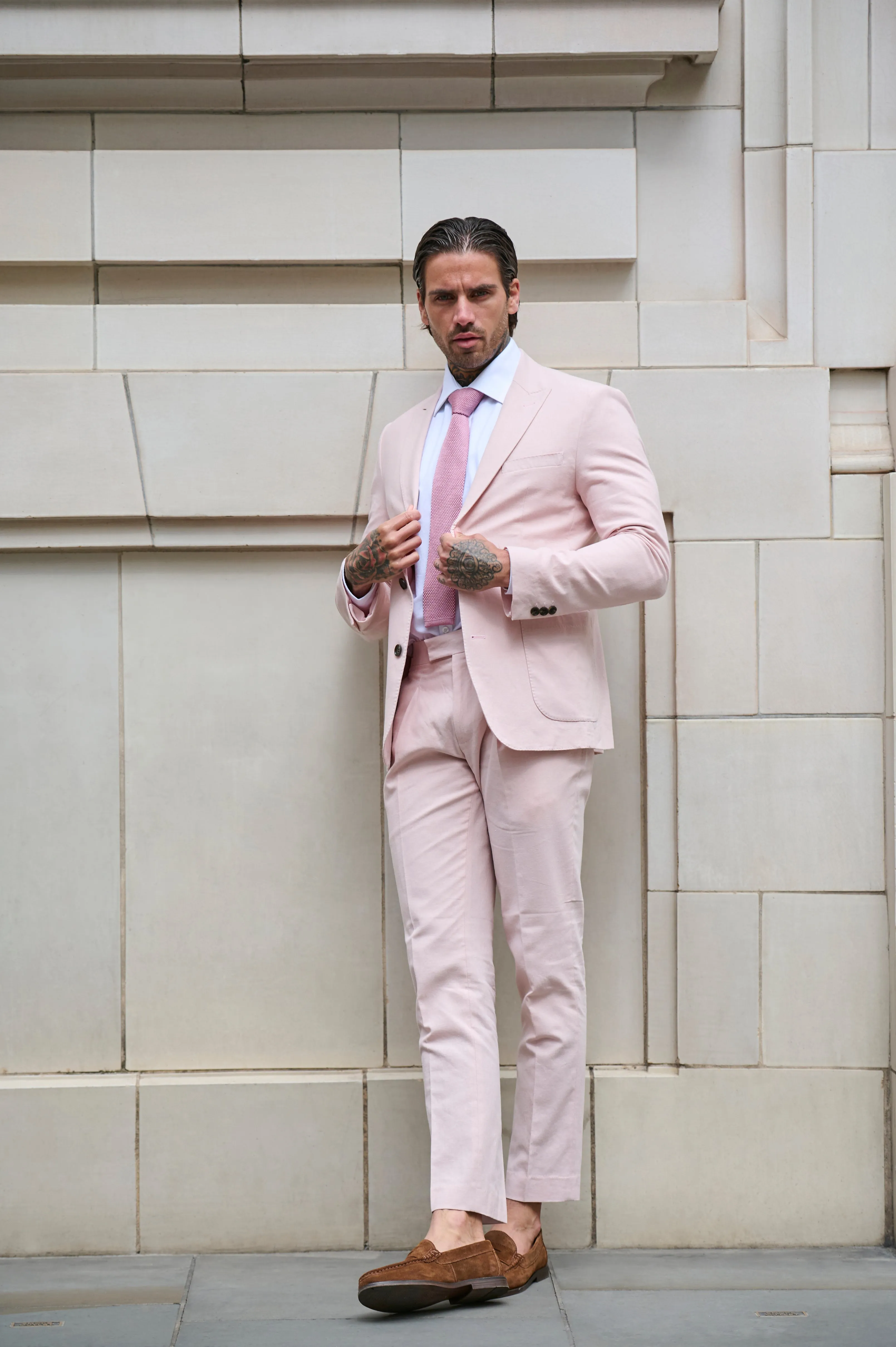 Chris Slim Fit Linen Cotton Blend Suit Smart Trousers in Pink