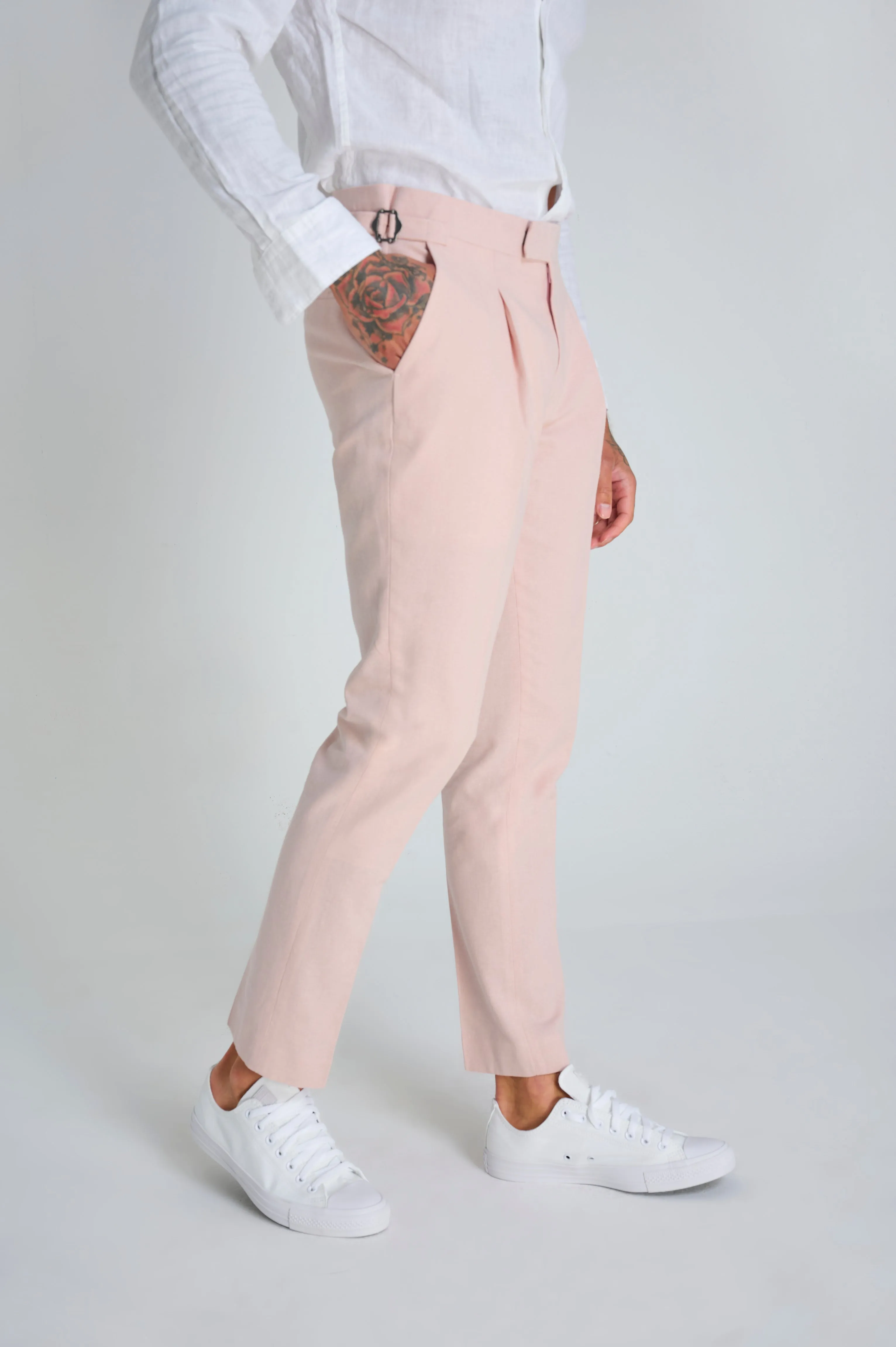 Chris Slim Fit Linen Cotton Blend Suit Smart Trousers in Pink