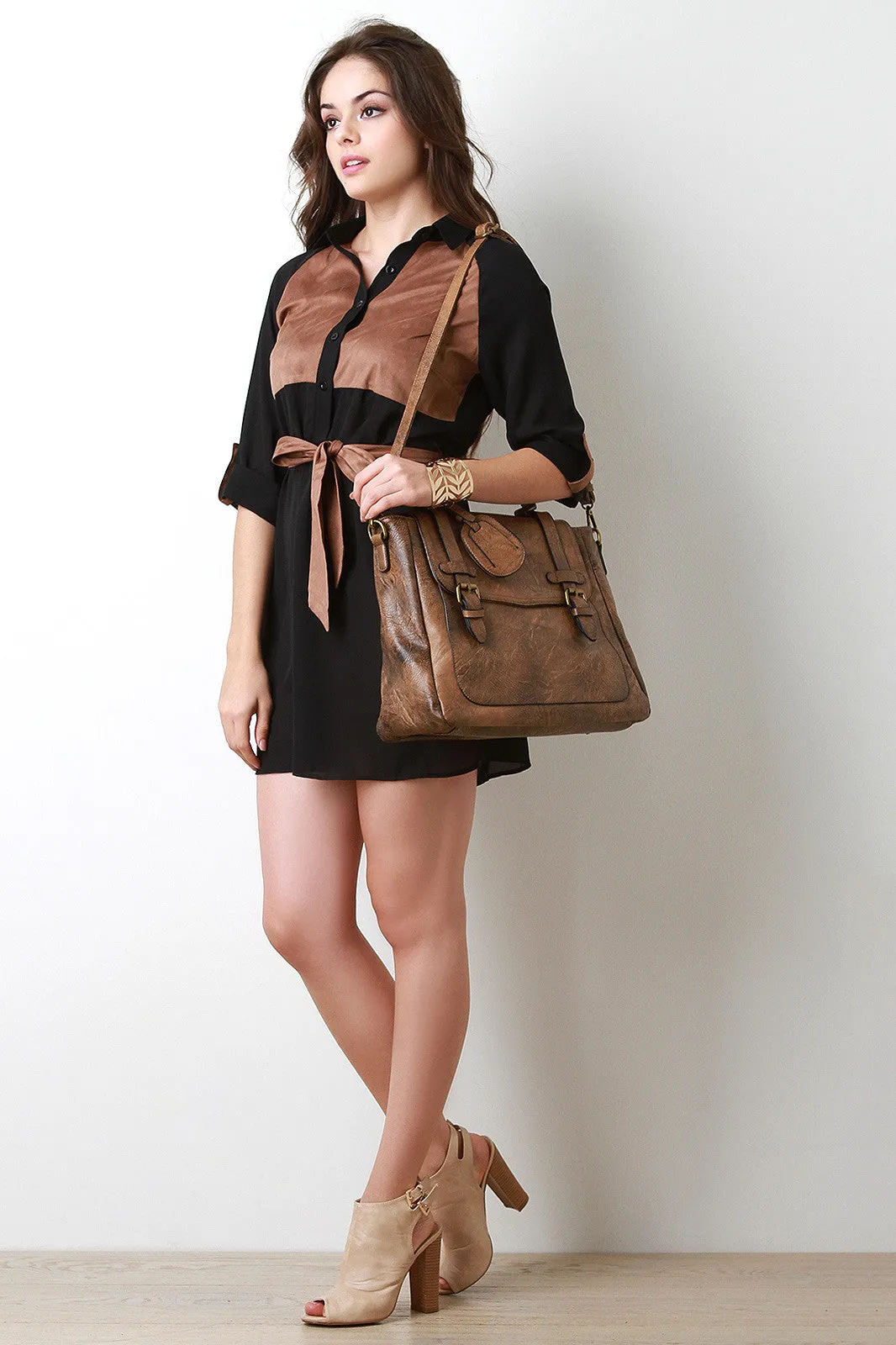 Distressed Vegan Leather Satchel Bag