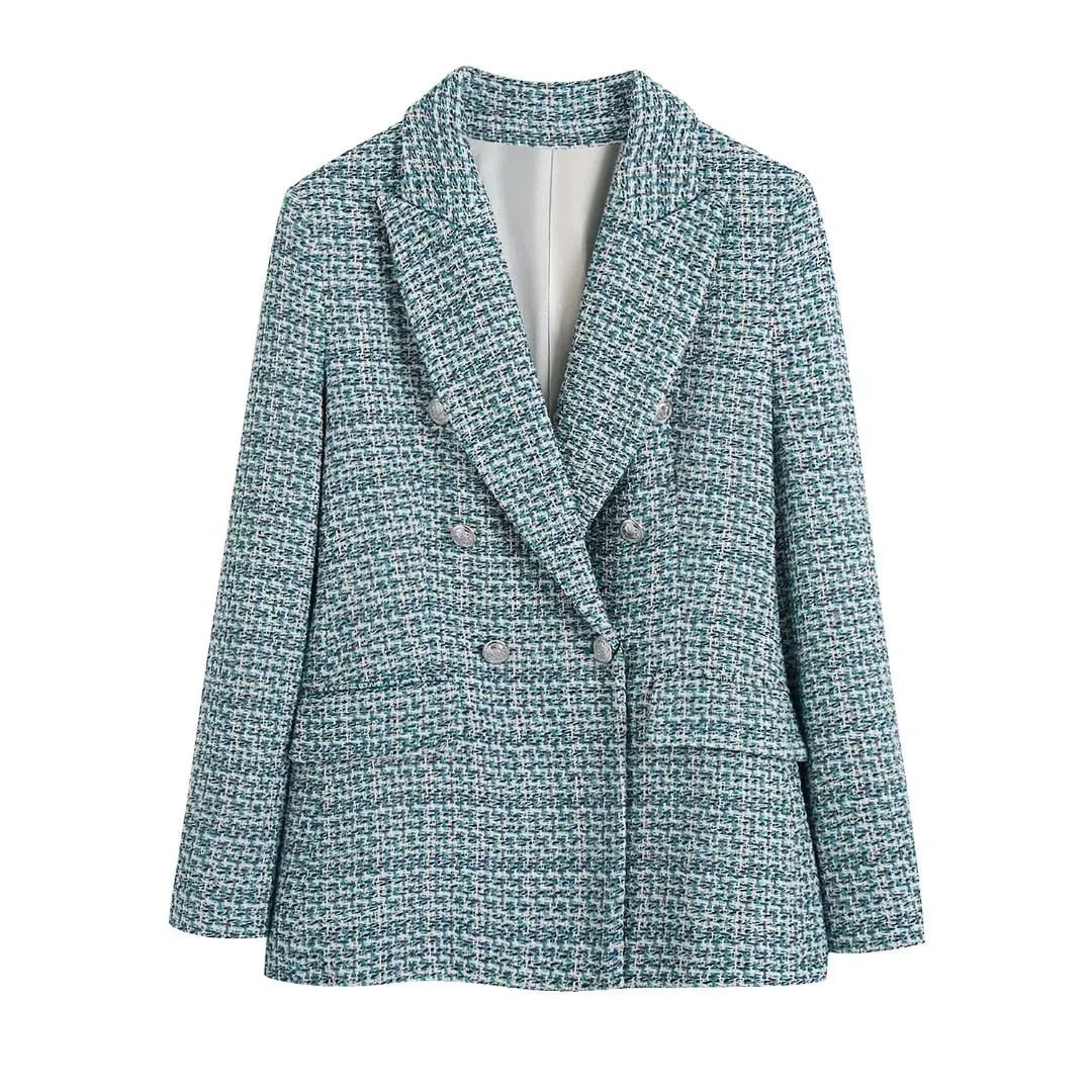 Fashionkova  Women Fashion Blue Tweed Blazer Jacket 2022 Spring Office Lady High Street Autumn Coat New Arrival Vintage Female Coats