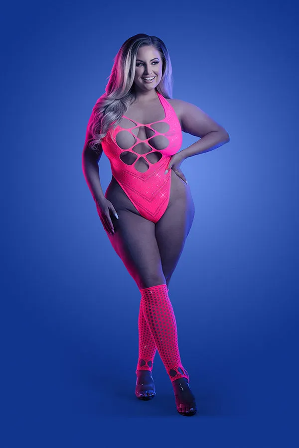 FL-GL2139 FLASHBACK UV reactive rhinestone fishnet teddy & matching gloves (or leg warmers)