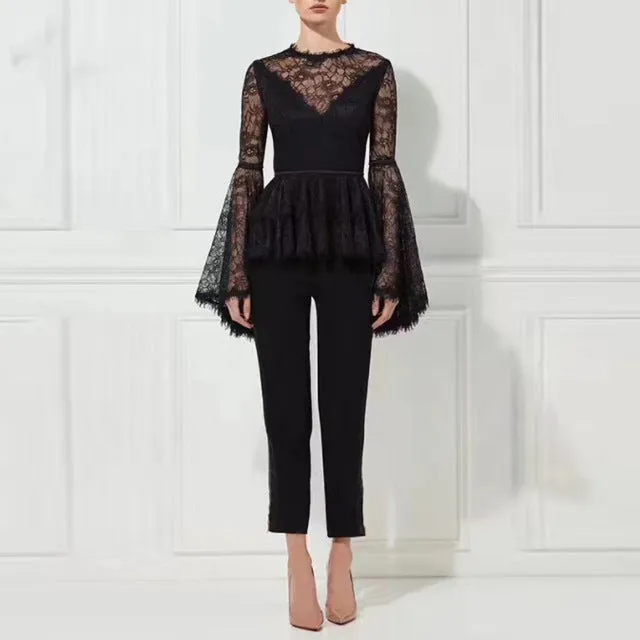 Floral Lace Long Flared Sleeves Women Set