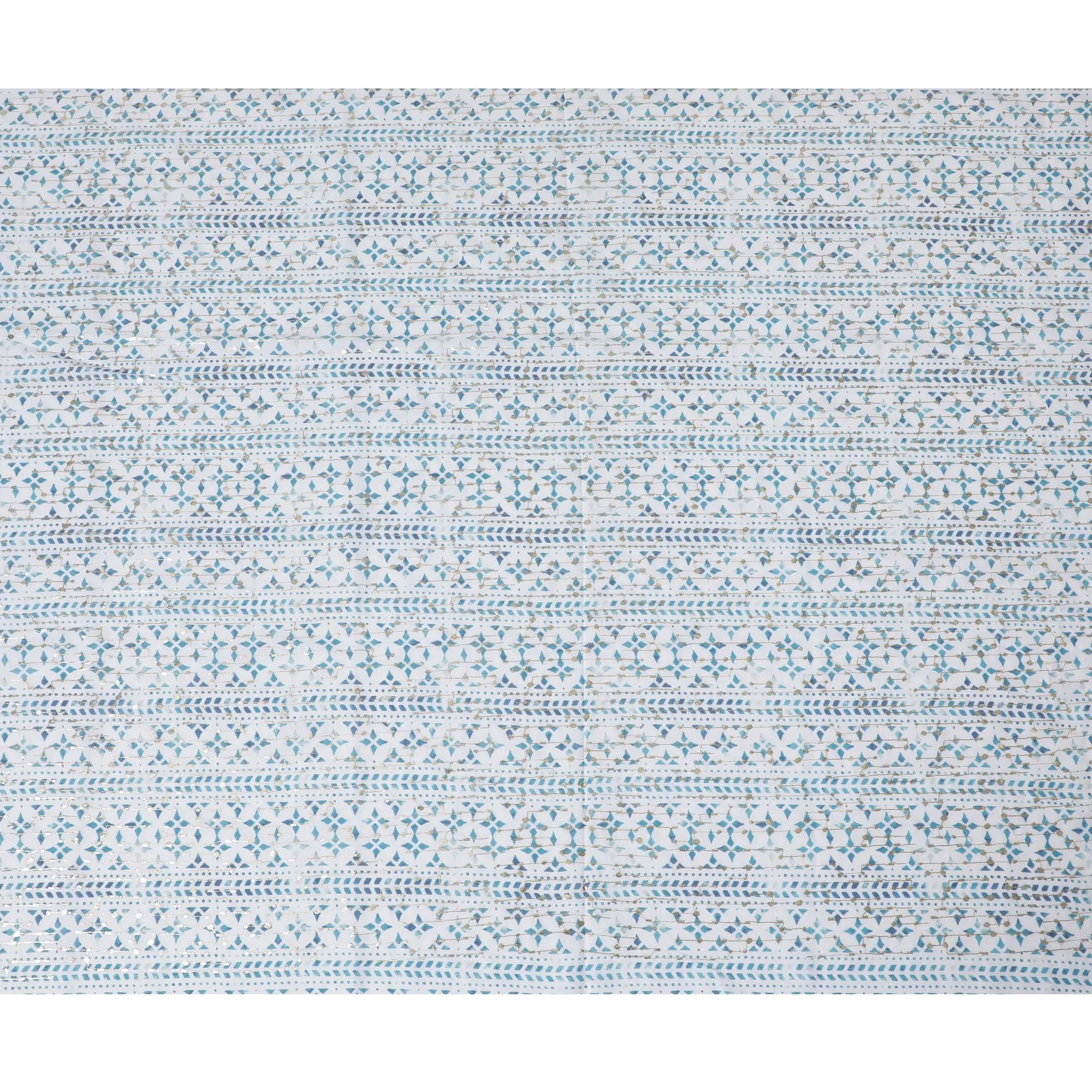 Geometric Pattern Embroidered Synthetic Cotton Fabric - Cool Blue, 110cm Wide-D18746