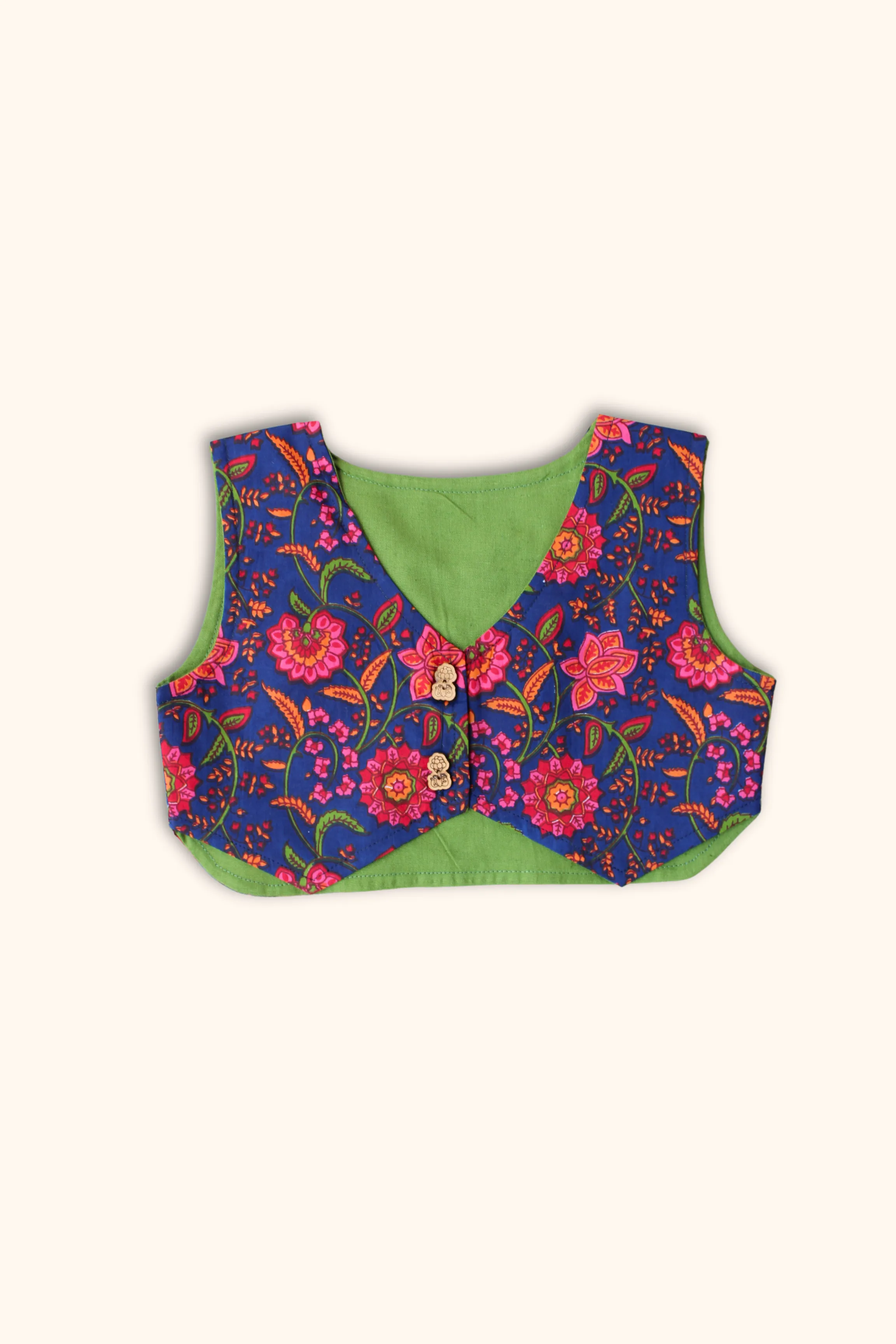 Girls Madame Printed Waist Coat and Pleated Pants set - Blue and Pink