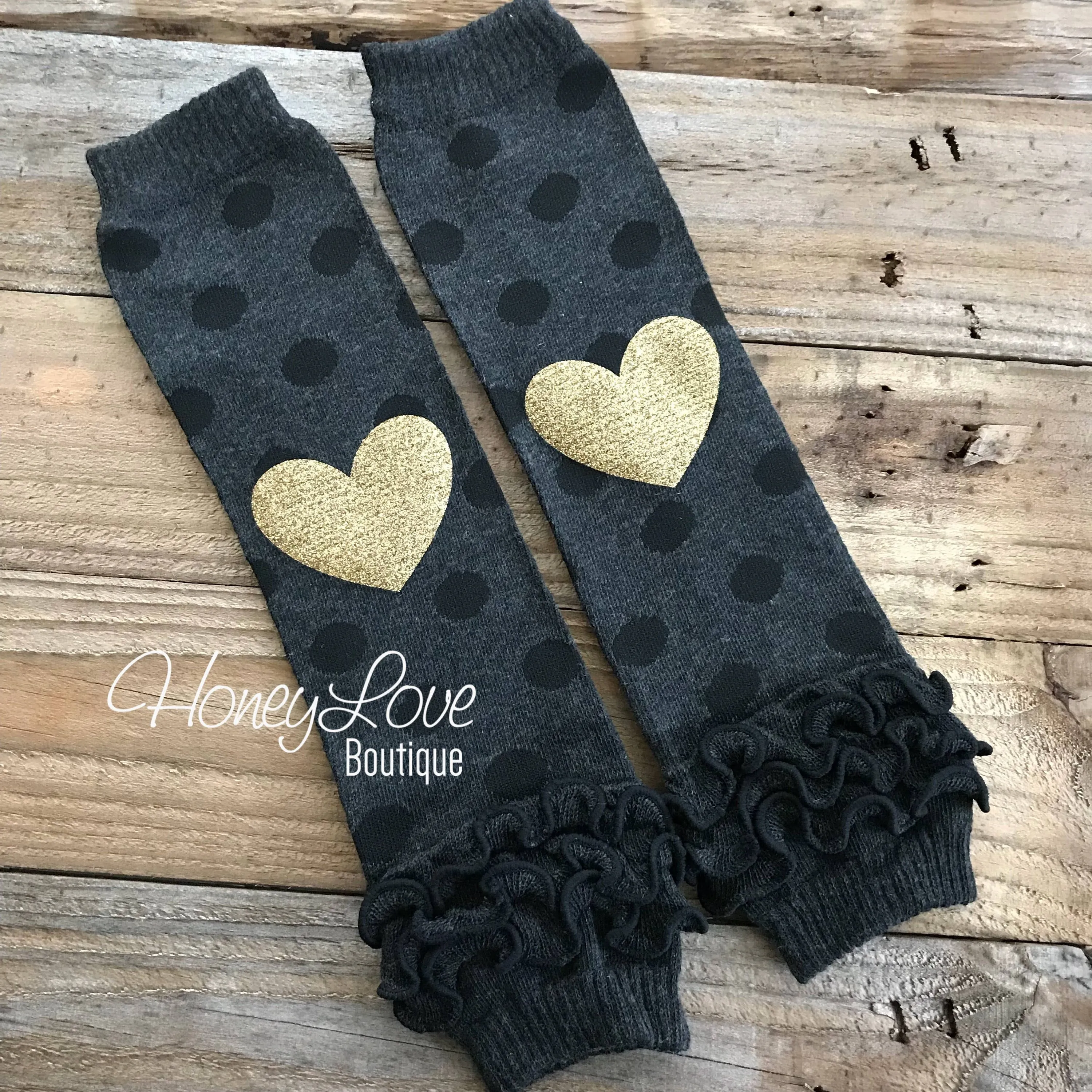 Gray/Black Polka Dot Leg Warmers with Gold Glitter Heart and matching headband
