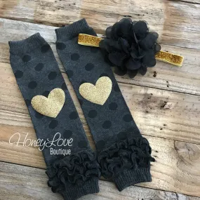 Gray/Black Polka Dot Leg Warmers with Gold Glitter Heart and matching headband