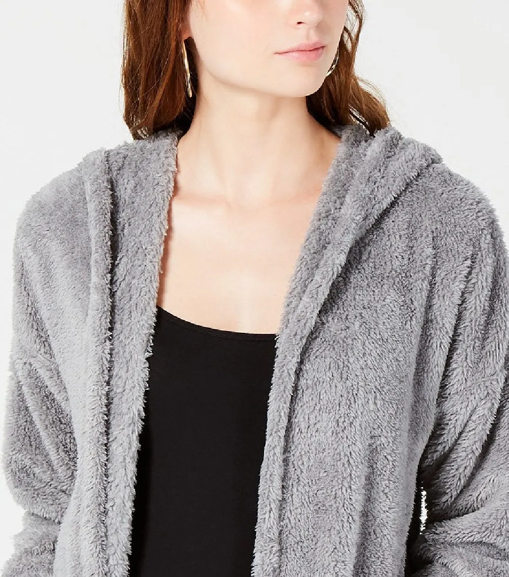 Hippie Rose Juniors' Plush Hooded Cardigan Gray Size Medium