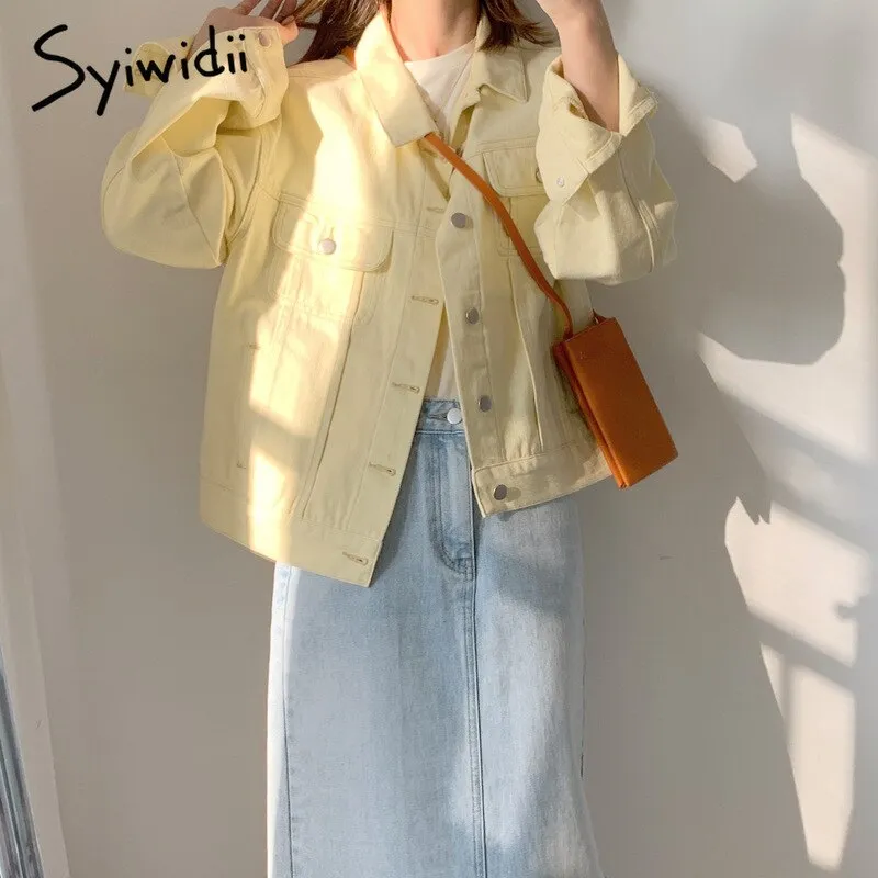 Joskaa Yellow Jean Jacket for Women Oversized Korean Style Black Denim Coat 2024 Spring Fall New Long Fashion Jeans Jackets