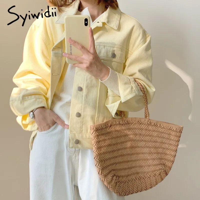 Joskaa Yellow Jean Jacket for Women Oversized Korean Style Black Denim Coat 2024 Spring Fall New Long Fashion Jeans Jackets