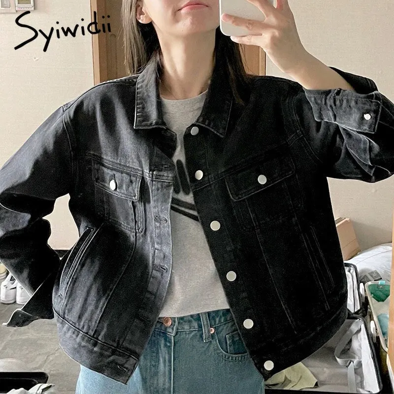 Joskaa Yellow Jean Jacket for Women Oversized Korean Style Black Denim Coat 2024 Spring Fall New Long Fashion Jeans Jackets