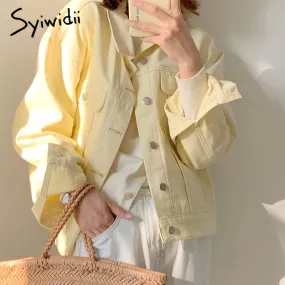 Joskaa Yellow Jean Jacket for Women Oversized Korean Style Black Denim Coat 2024 Spring Fall New Long Fashion Jeans Jackets