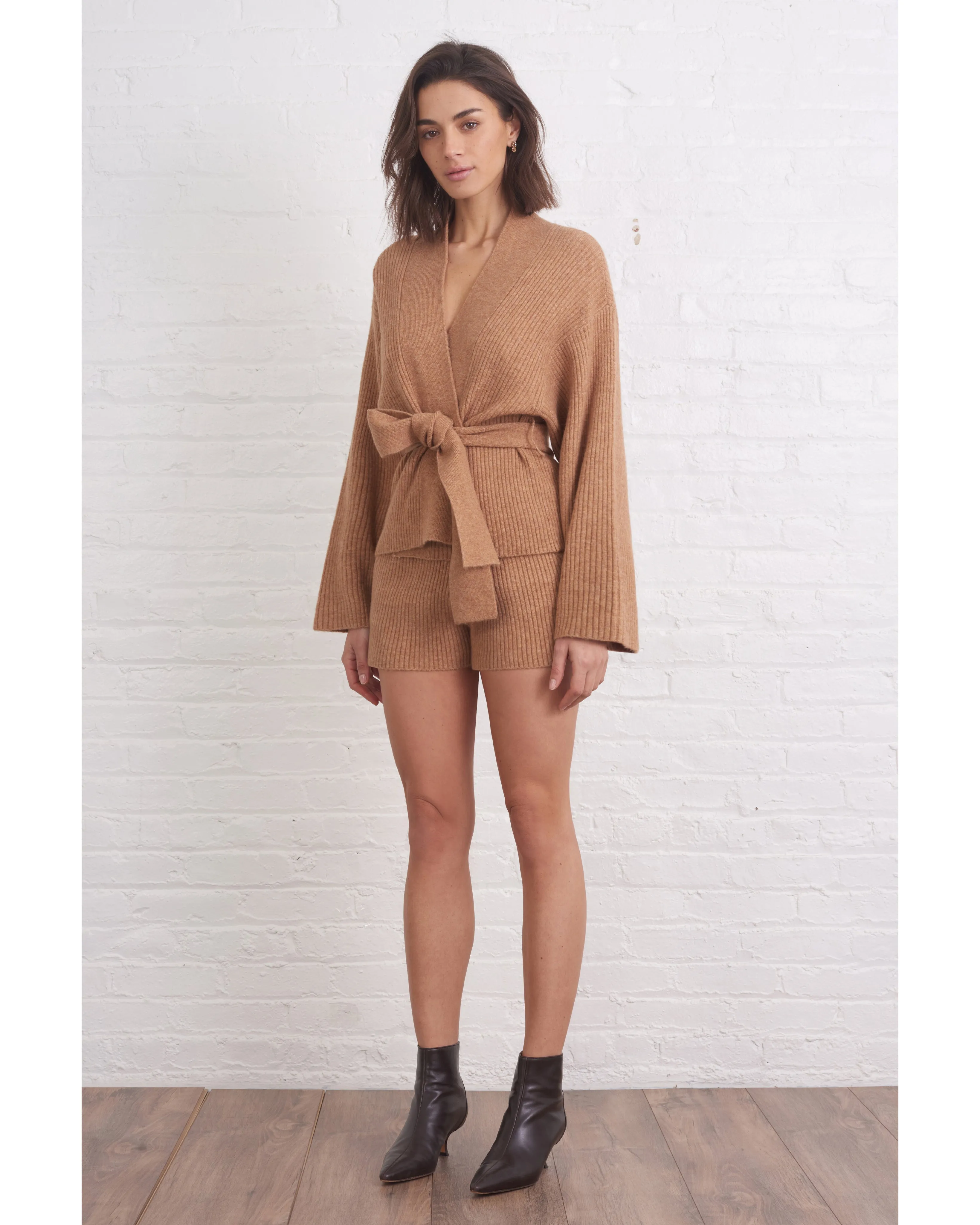 Kyrie Cashmere Blend Cropped Cardigan in Camel