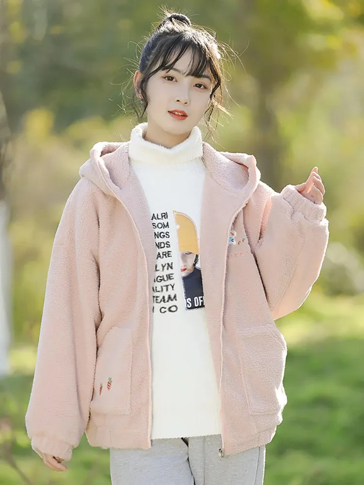 Lamb Wool Kawaii Zipper Hooded Jackets Women Cartoon Rabbit Embroidery Harajuku Warm Coat  Winter Long Sleeve Thick Outwears