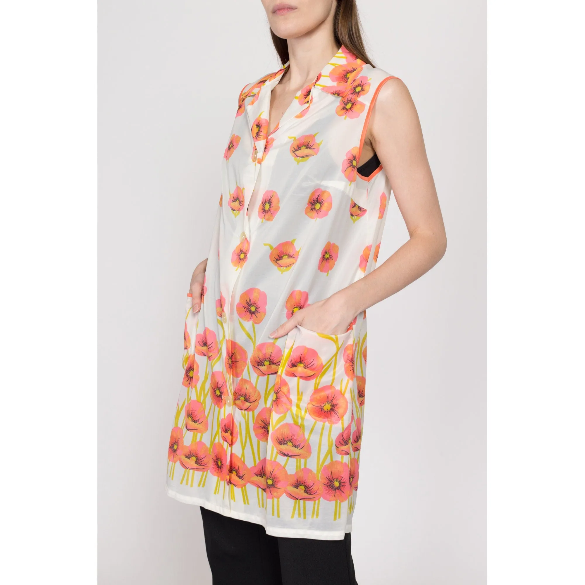 Large 60s Sheer Poppy Floral Print House Dress