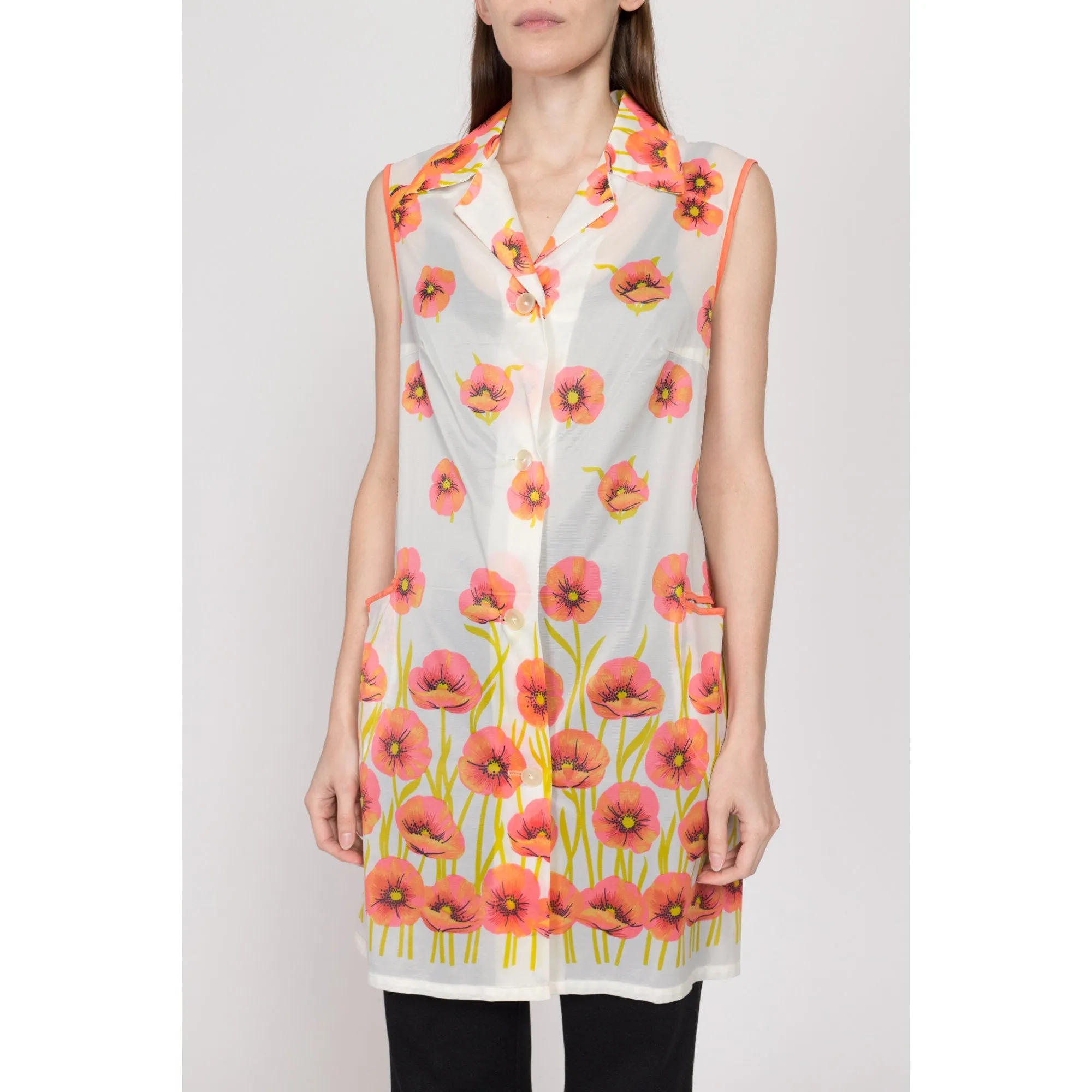 Large 60s Sheer Poppy Floral Print House Dress