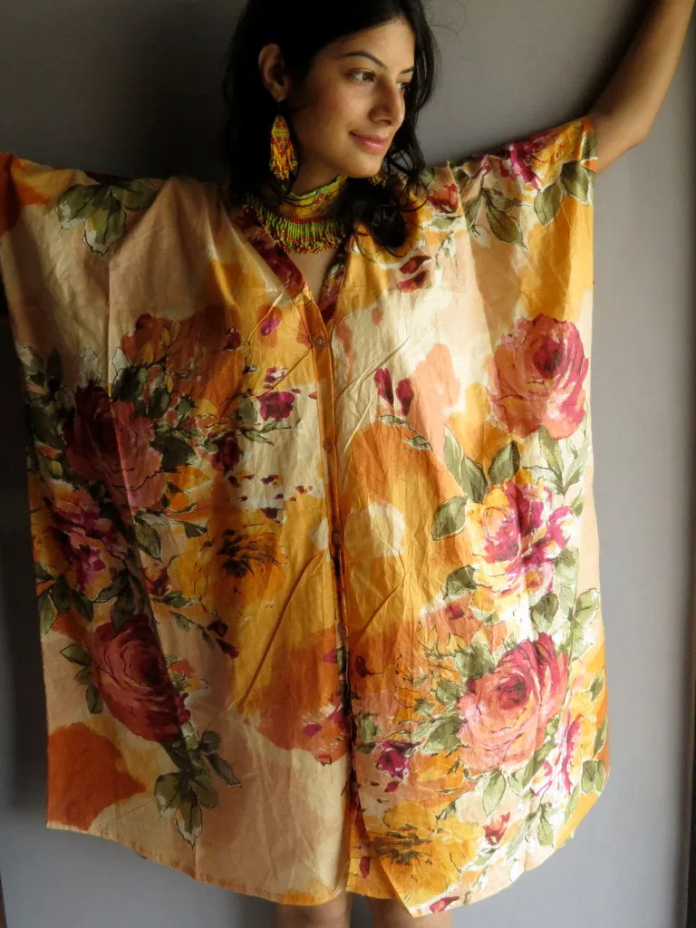 Light Peach Multicolor Big Flower V-Neck Button Down to Waist, Knee Length, Cinched Waist Caftan