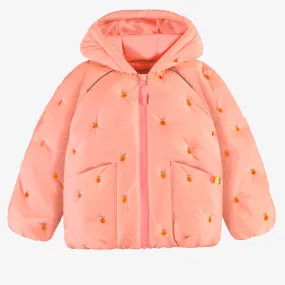 Manteau doudoune à capuchon rose avec broderies, enfant || Pink hooded puffer coat with embroidery, child