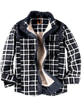 Men's Casual Plaid Flannel Fur Lined Button Up Long Sleeve Warm Shirt Jacket