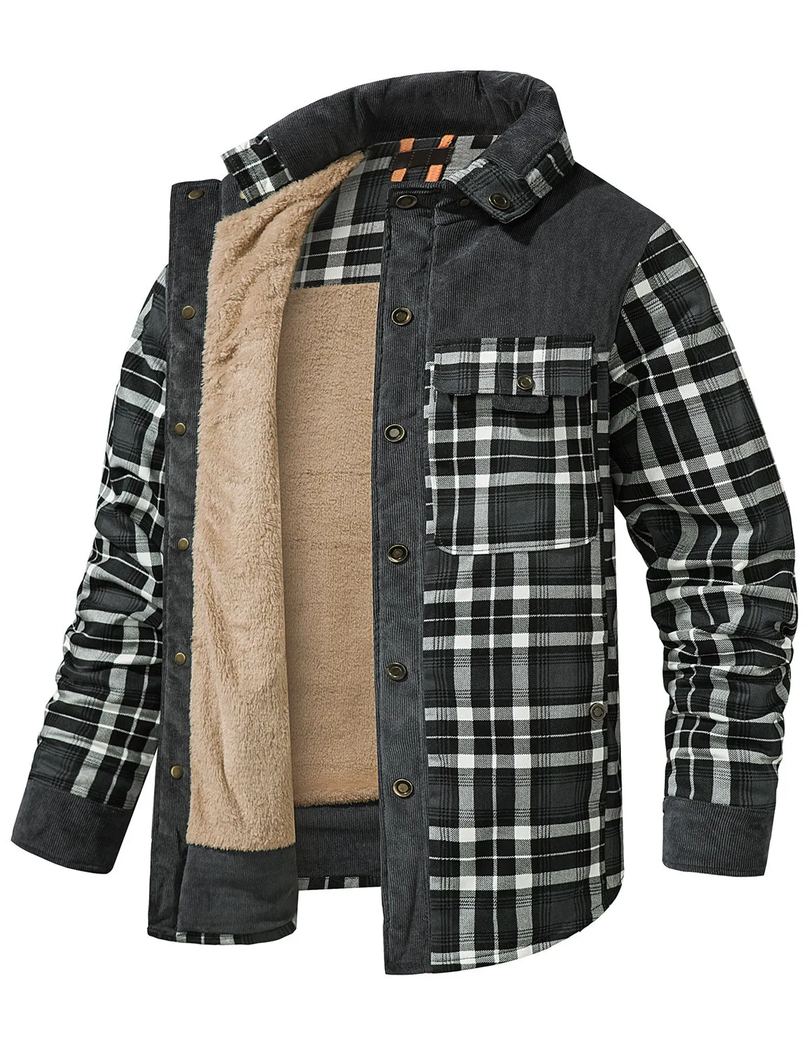 Men's Casual Plaid Flannel Fur Lined Button Up Long Sleeve Warm Shirt Jacket