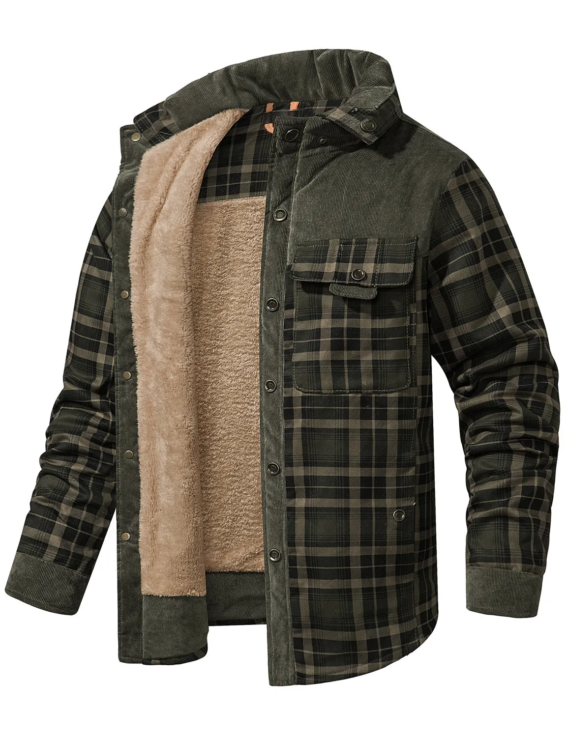 Men's Casual Plaid Flannel Fur Lined Button Up Long Sleeve Warm Shirt Jacket