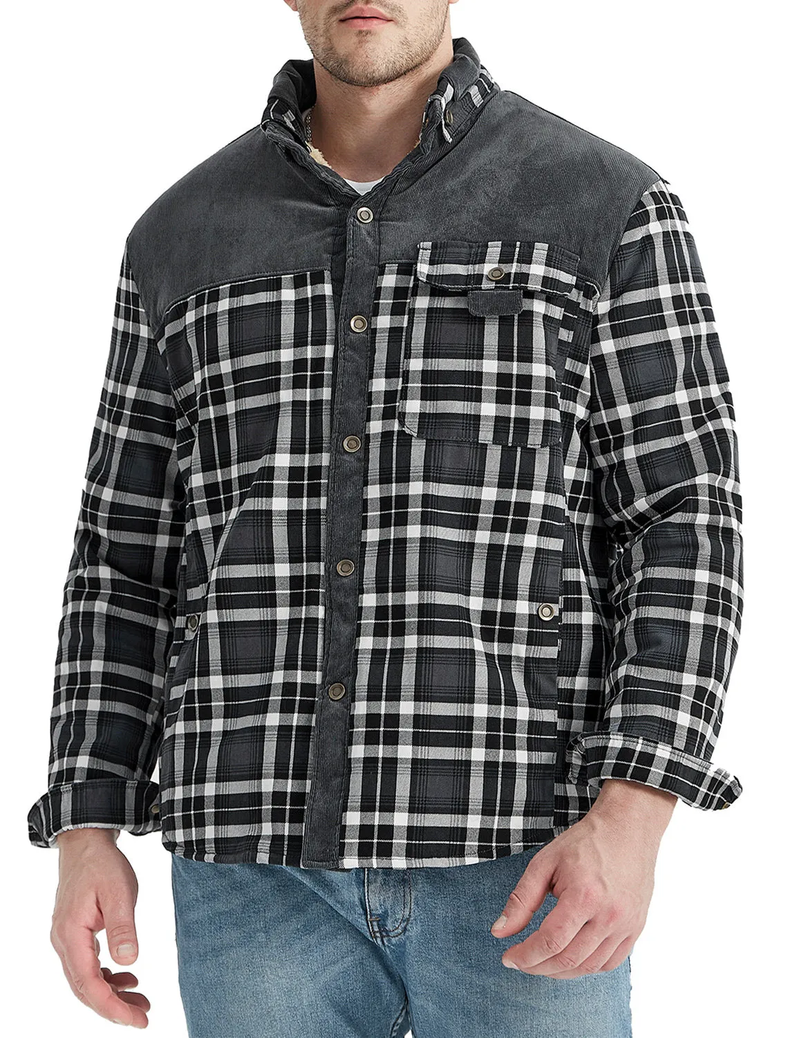 Men's Casual Plaid Flannel Fur Lined Button Up Long Sleeve Warm Shirt Jacket