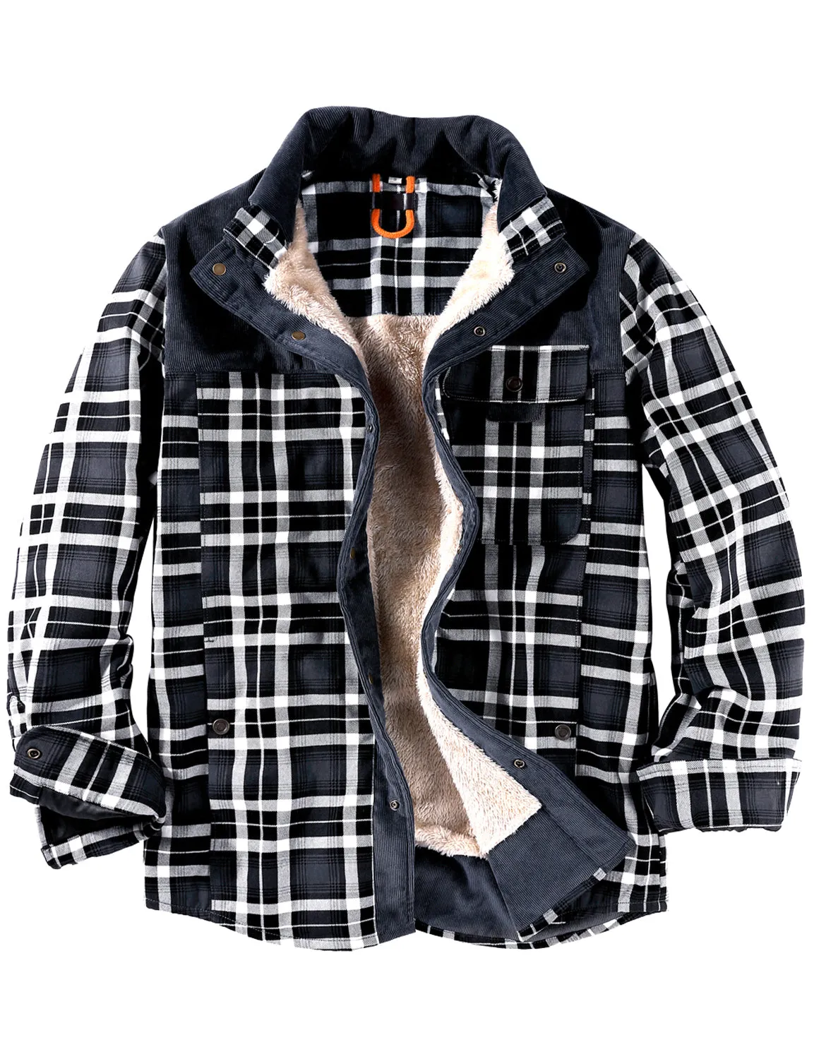 Men's Casual Plaid Flannel Fur Lined Button Up Long Sleeve Warm Shirt Jacket
