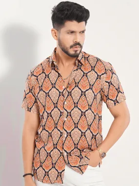 Men's Short Sleeve Shirt in Coral Orange Decorative Leaf Printed
