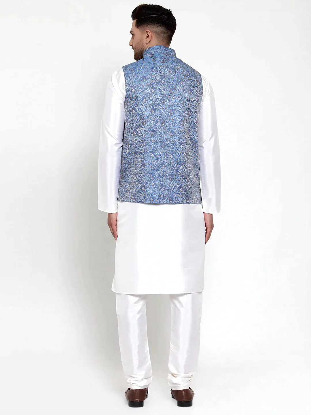 Men'S Solid Dupion Kurta Pajama With Woven Jacqaurd Nehru Jacket