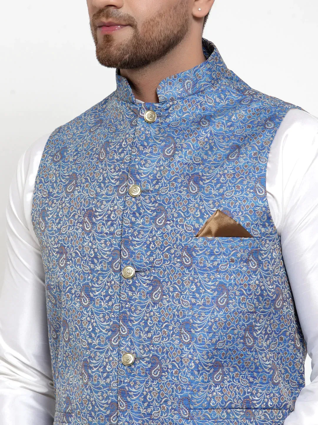 Men'S Solid Dupion Kurta Pajama With Woven Jacqaurd Nehru Jacket