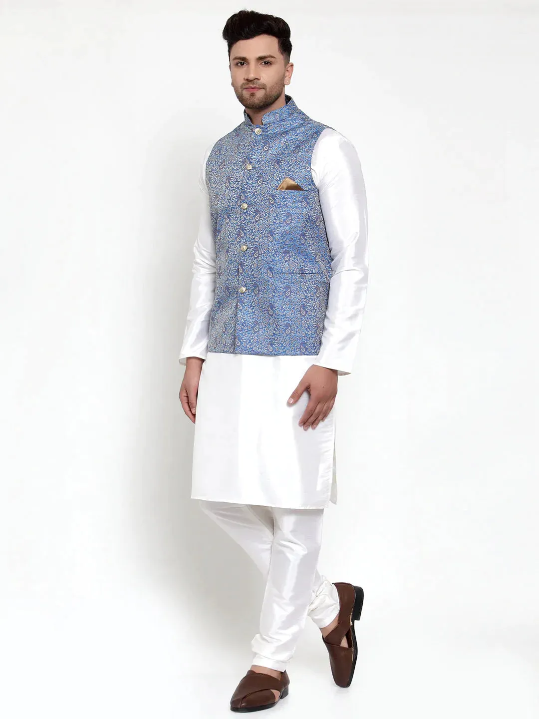 Men'S Solid Dupion Kurta Pajama With Woven Jacqaurd Nehru Jacket