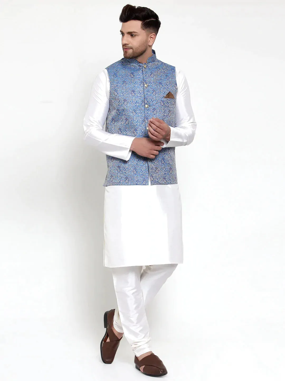 Men'S Solid Dupion Kurta Pajama With Woven Jacqaurd Nehru Jacket