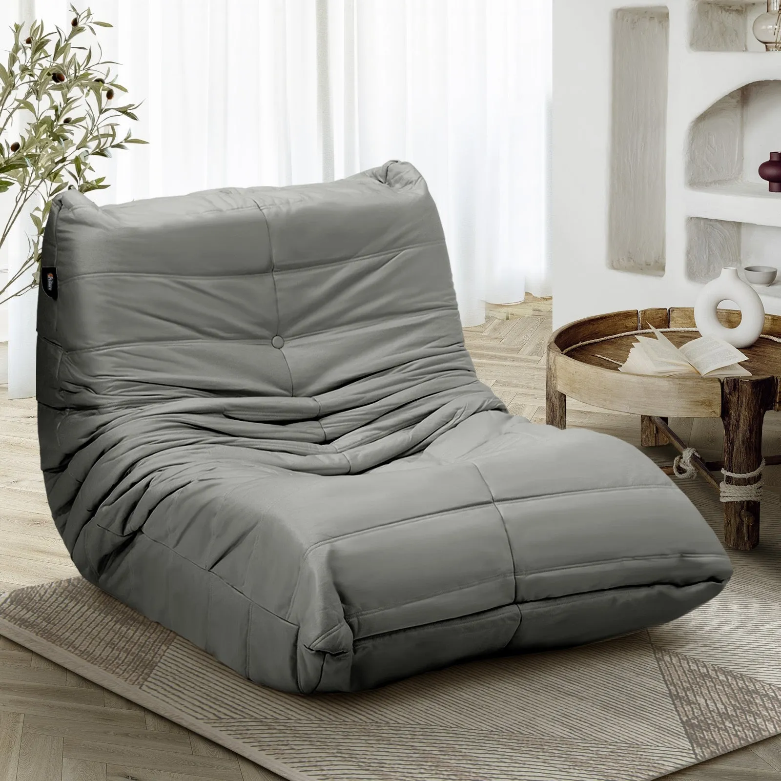 Oikiture Floor Sofa Accent Chair Lazy Couch Lounge Recliner Grey Polyester