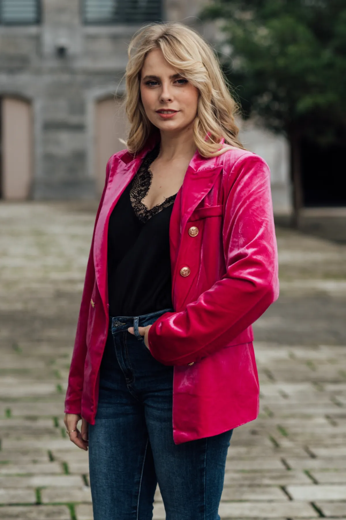 Penny Velvet Blazer | Hot Pink