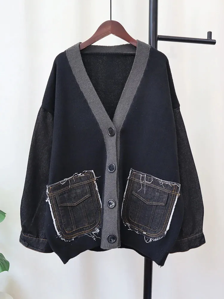 Pre Order:  Denim Patch Pockets Loose Cardigan