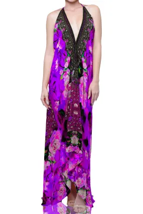 Purple Maxi Dress in Rose Print