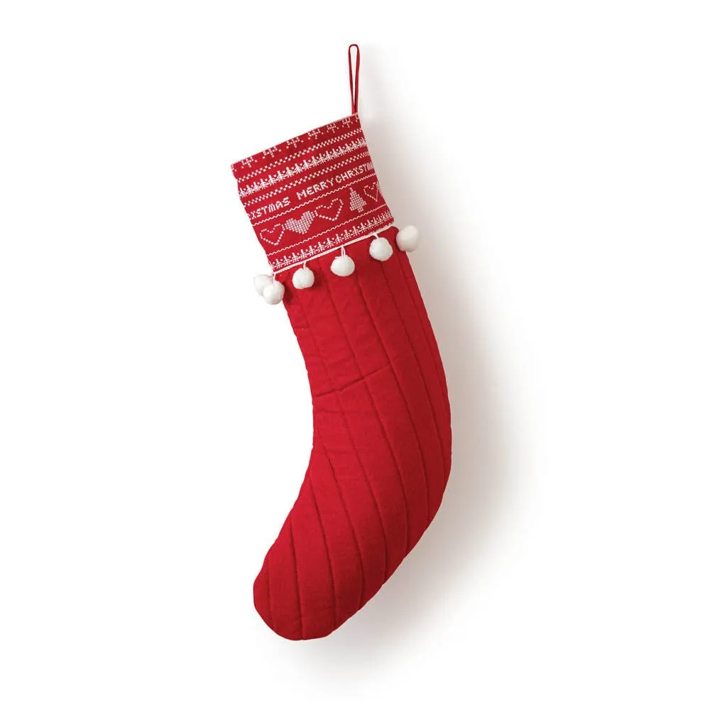 Red Quilted Stocking with Pom Poms