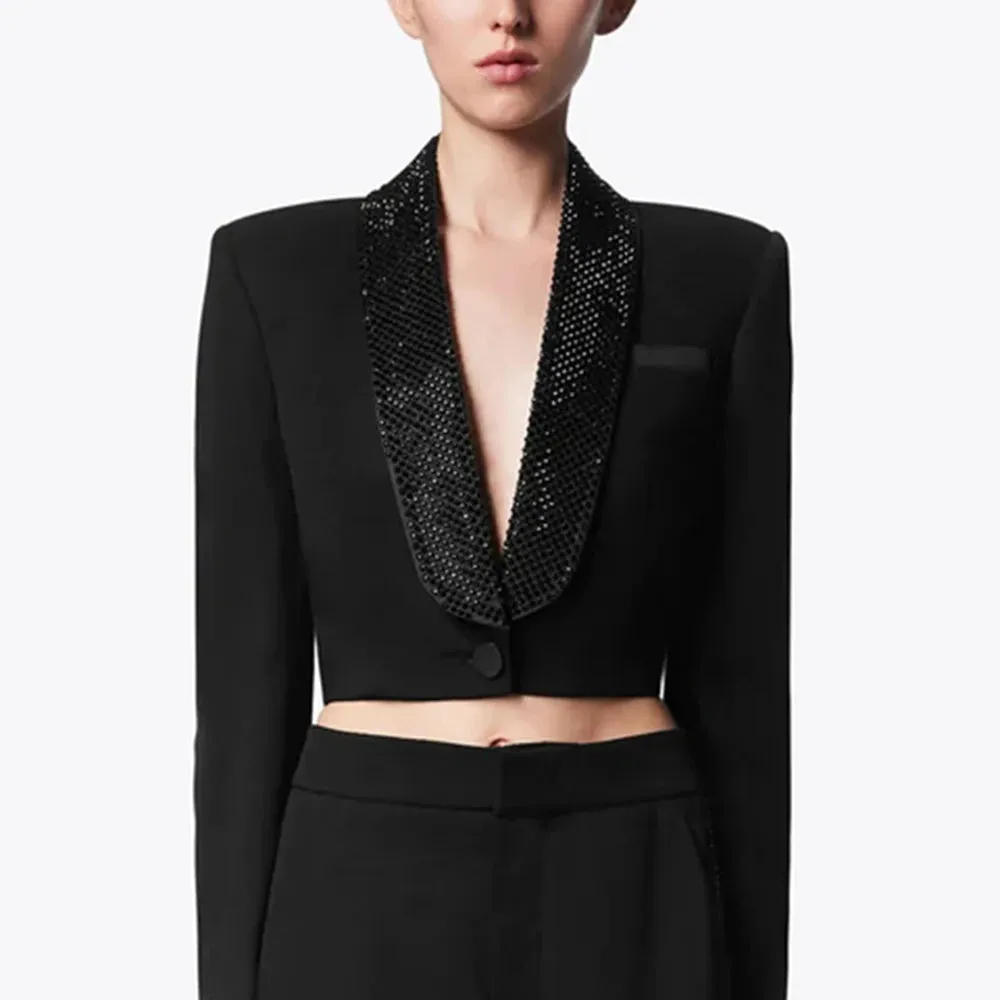 Solid Patchwork Diamonds Backless Blazer For Women Notched Collar Long Sleeve Spliced Button Temperament Blazers Female