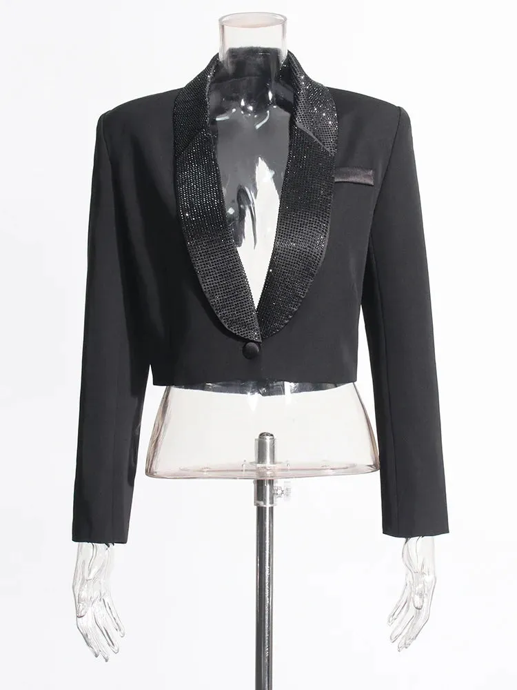 Solid Patchwork Diamonds Backless Blazer For Women Notched Collar Long Sleeve Spliced Button Temperament Blazers Female