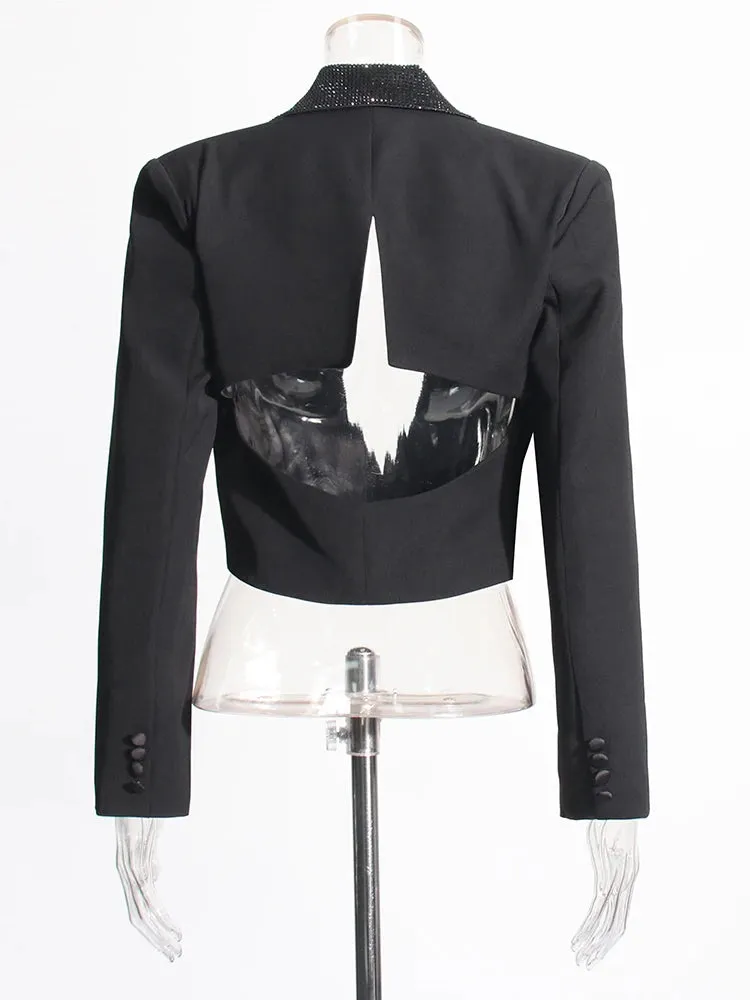 Solid Patchwork Diamonds Backless Blazer For Women Notched Collar Long Sleeve Spliced Button Temperament Blazers Female