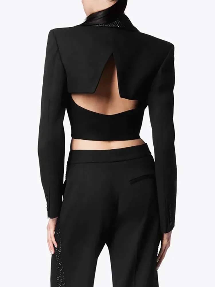 Solid Patchwork Diamonds Backless Blazer For Women Notched Collar Long Sleeve Spliced Button Temperament Blazers Female