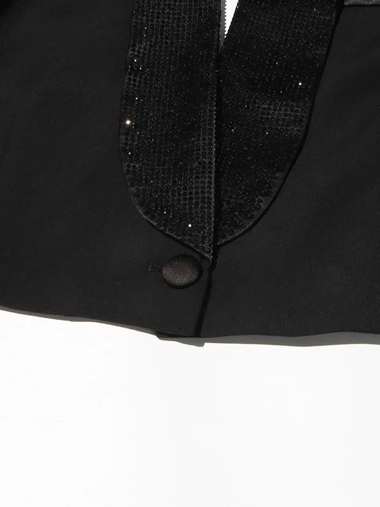Solid Patchwork Diamonds Backless Blazer For Women Notched Collar Long Sleeve Spliced Button Temperament Blazers Female