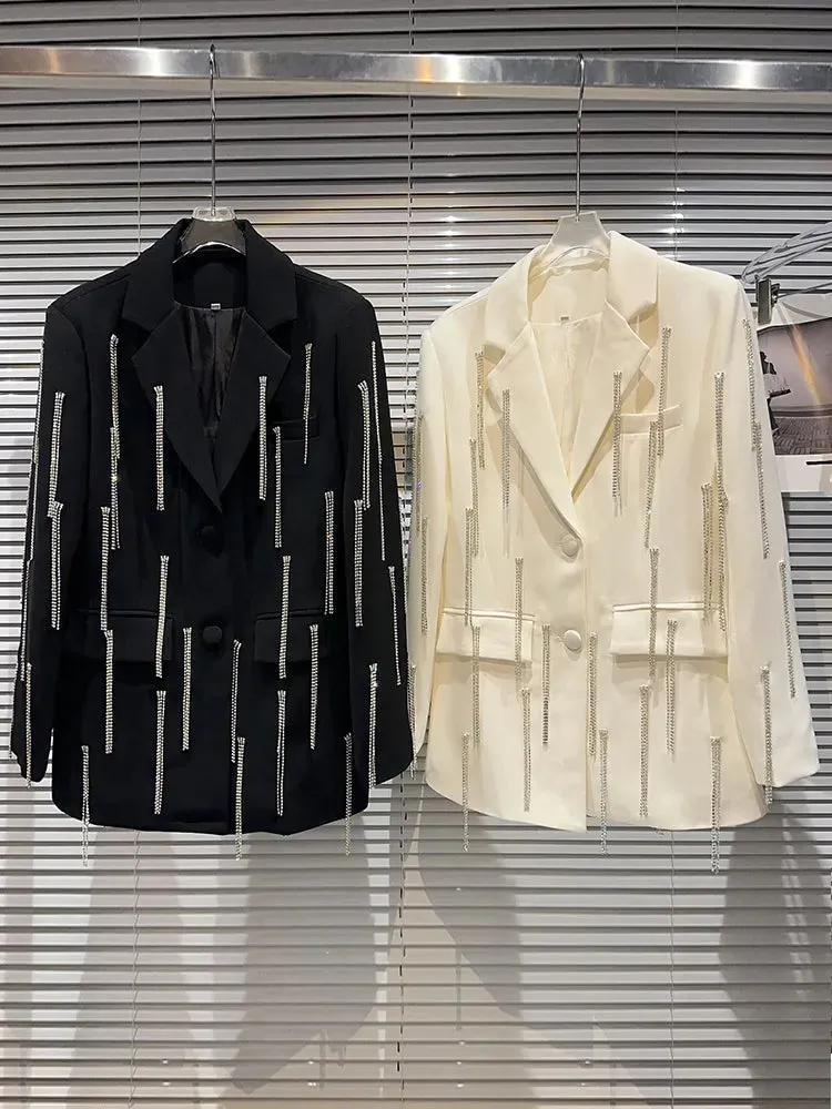 Spliced Tassel Blazers For Women Notched Collar Long Sleeve Patchwork Button Loose Blazer Female Fashion Clothing